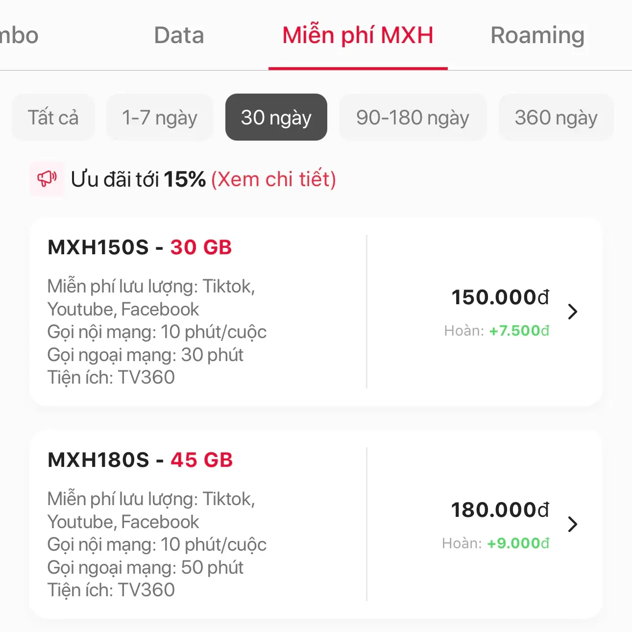 Danh sách gói cước 4g viettel miễn phí mạng xã hội 2026 rẻ nhất 1 goi_cuoc_mxh150s_mxh180s